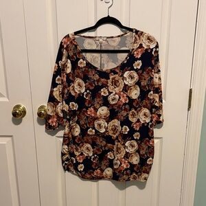 Floral Print Women's Blouse - Navy and Brown
